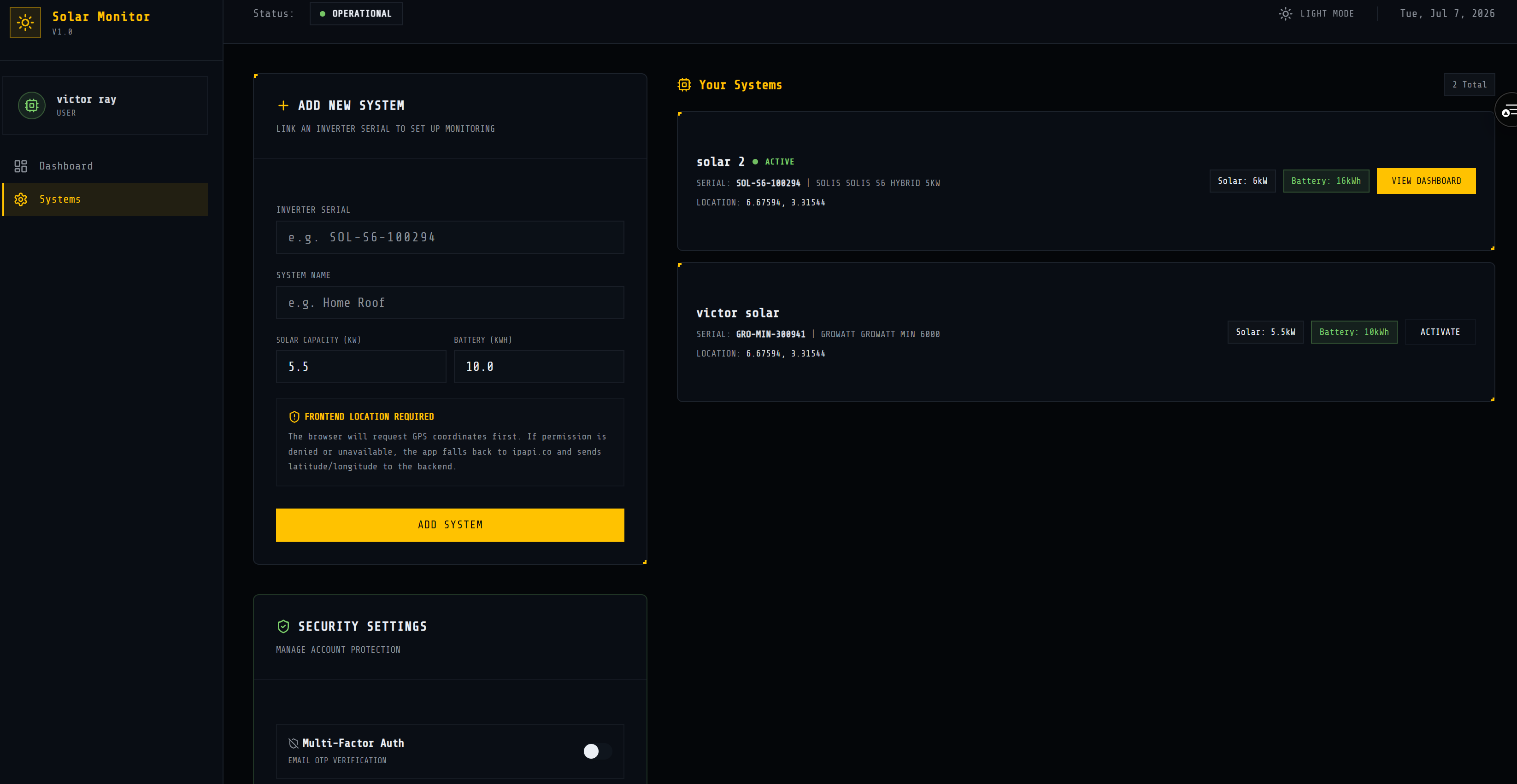 System setup page